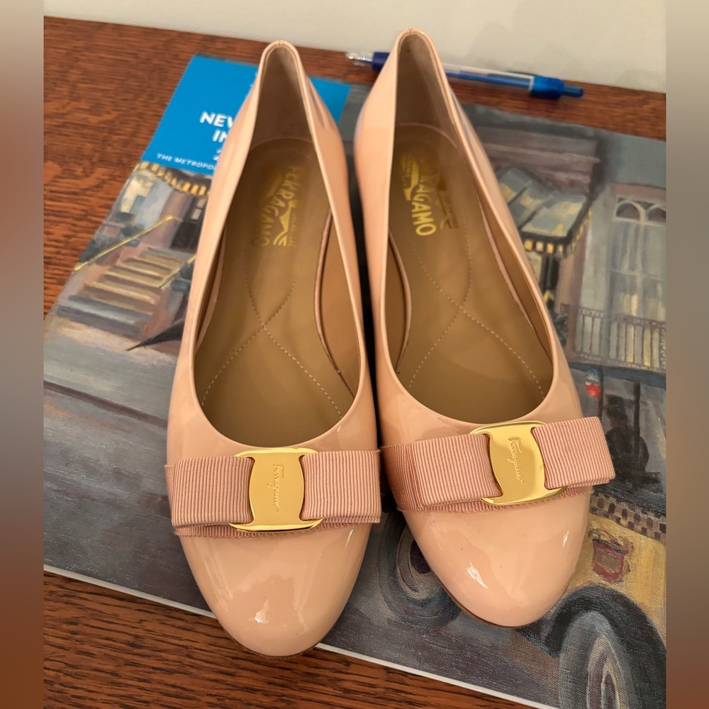 Salvatore Ferragamo Pink Patent Vara Bow Flats